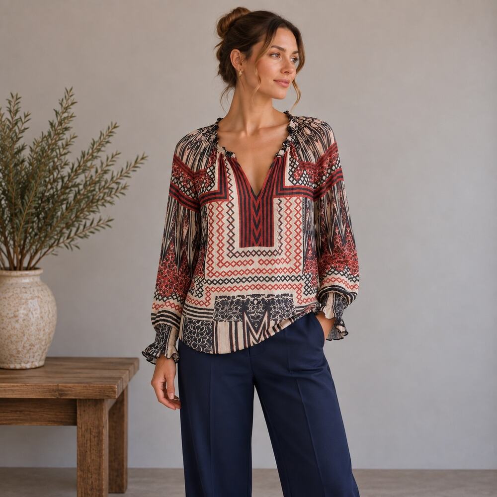 Lucky Brand Sheer Geometric Long Sleeve Blouse Top Medium